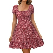 Women's Summer Sexy Casual Dress Floral Print High Waist Puff Sleeves Retro Tunic Beach Mini Dress